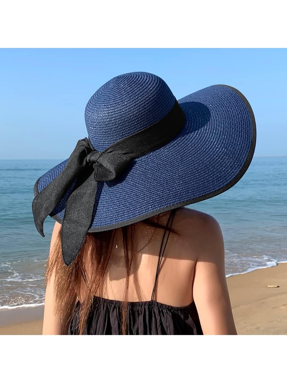 Women's Navy Blue Wide Brim Foldable Floppy Straw With Ribbon Bow Summer Sun Hat - Picture 5 of 5